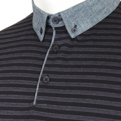 Plus Size Chambray Collar Dobby Striped Polo Black