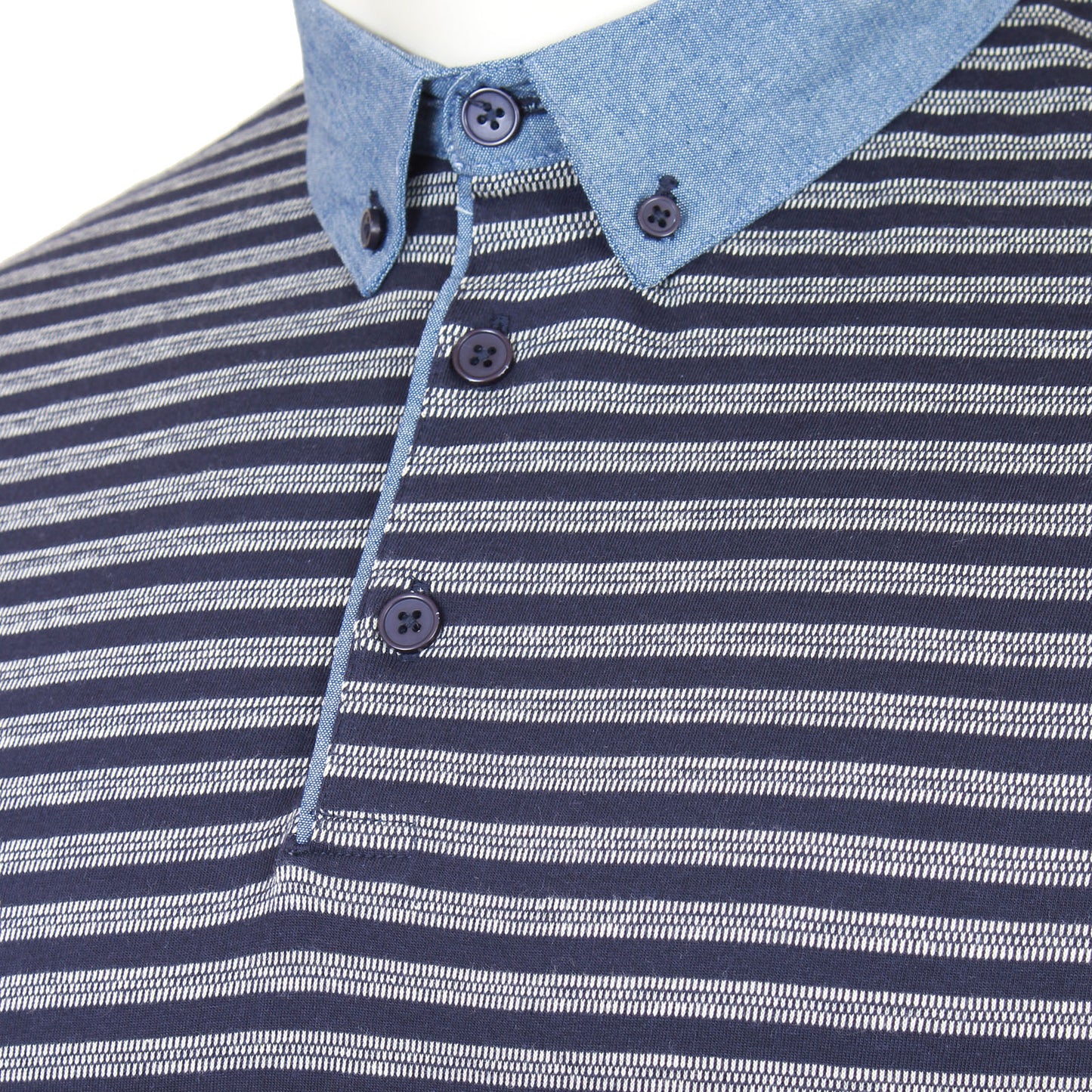 Plus Size Chambray Collar Dobby Striped Polo Navy