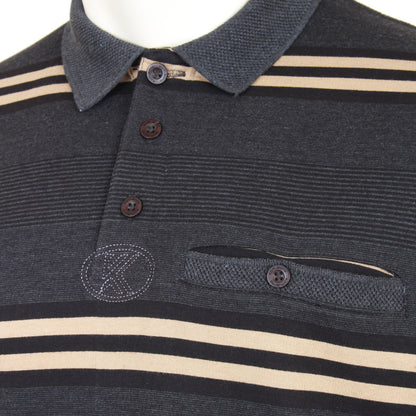 Plus Size Jacquard Collar Striped L/S Polo Charcoal