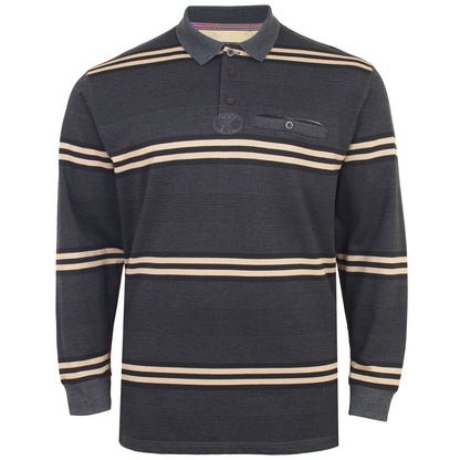 Plus Size Jacquard Collar Striped L/S Polo Charcoal