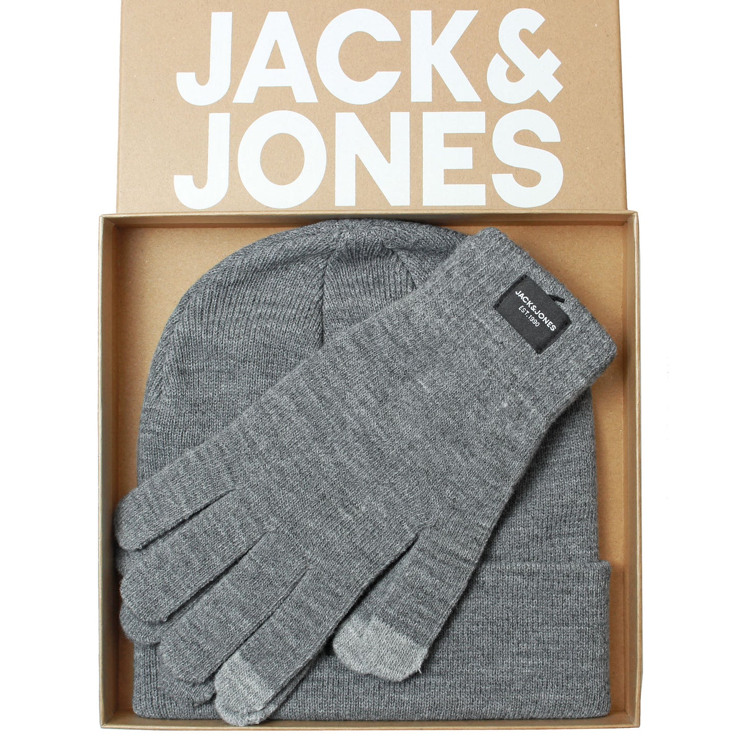 Jack & Jones Knit Beanie & Gloves Gift Box Grey