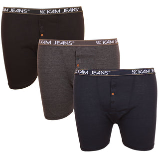 Kam Jeans Plus Size Kbs800 Button Fly Boxers 3-Pack Black/Navy/Charcoal