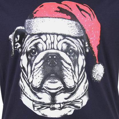 Plus Size Bulldog Santa Xmas T-Shirt Navy