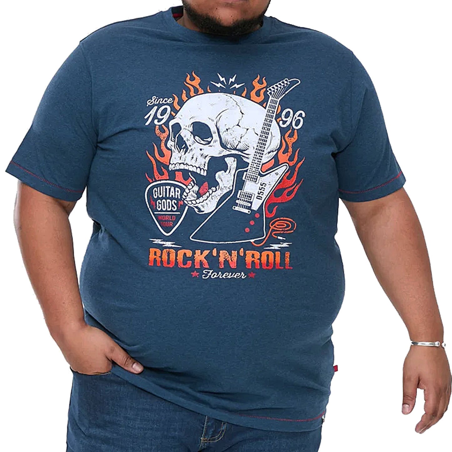 D555 Plus Size Neal Skull With Flames T-Shirt Navy/Blue Twist