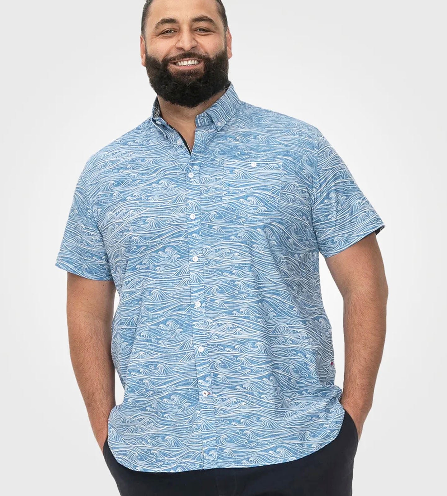 D555 Plus Size Wave Print Short Sleeve Shirt Blue