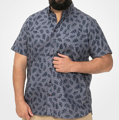 D555 Plus Size Hawaiian Leaf Short Sleeve Shirt Denim