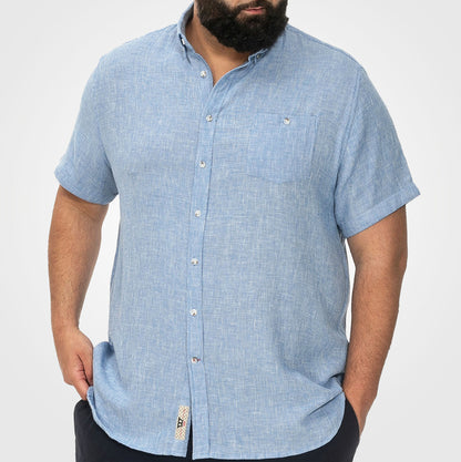 D555 Plus Size Cotton Linen Short Sleeve Shirt Blue