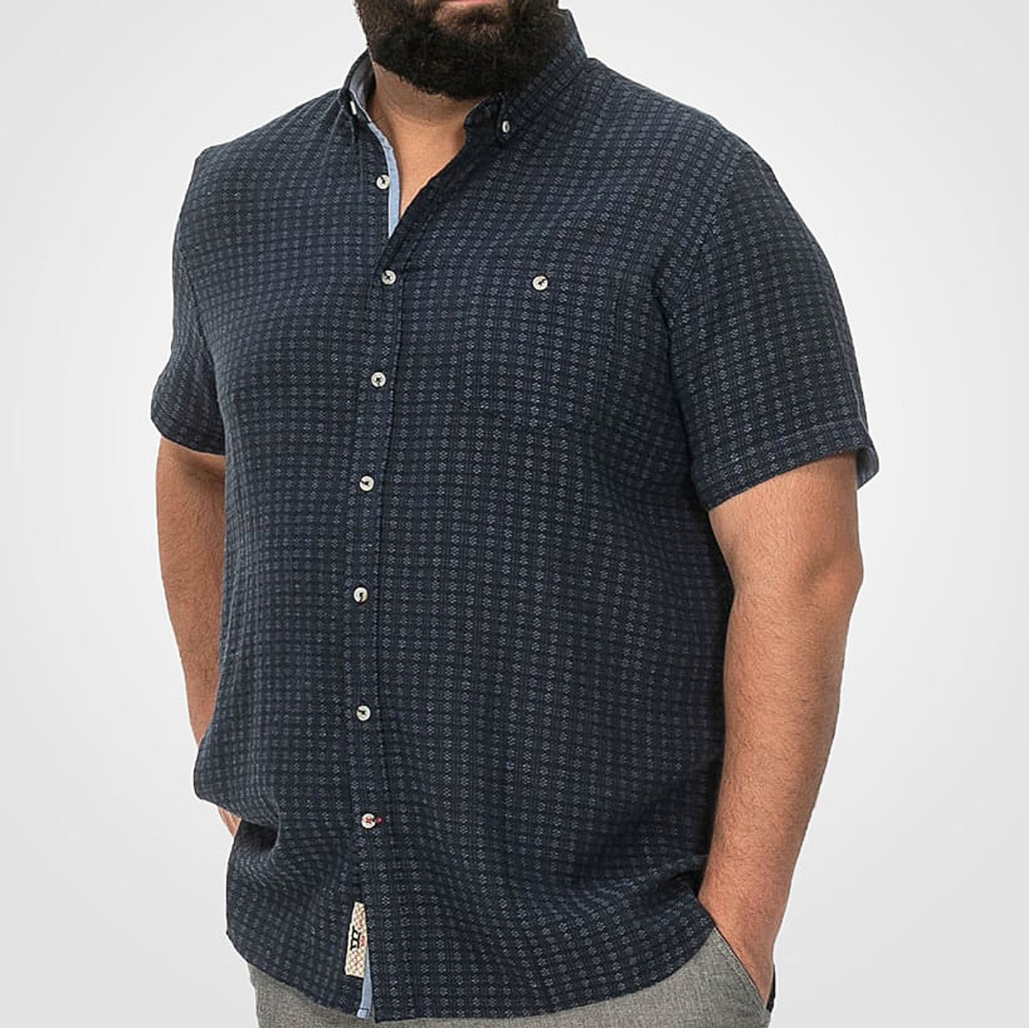 D555 Plus Size Jacquard Linen Short Sleeve Shirt Navy