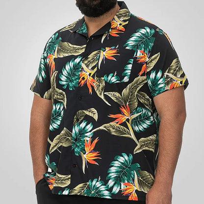 D555 Plus Size Hawaiian Print Short Sleeve Shirt Black