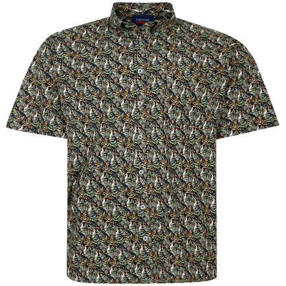 Espionage Plus Size Bird Print Stretch Short Sleeve Shirt Navy/Green