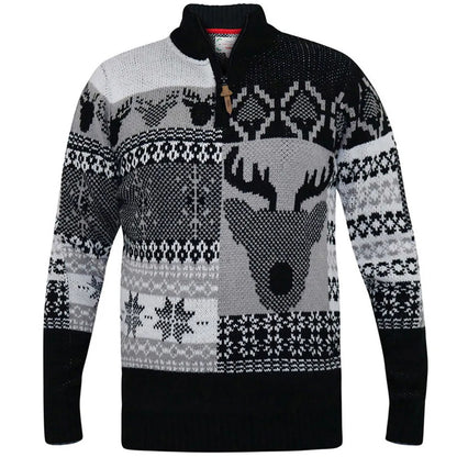 Plus Size Icicle Christmas Stag Fairisle 1/4 Zip Jumper Black