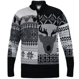 D555 Plus Size Icicle Christmas Stag Fairisle 1/4 Zip Jumper Black